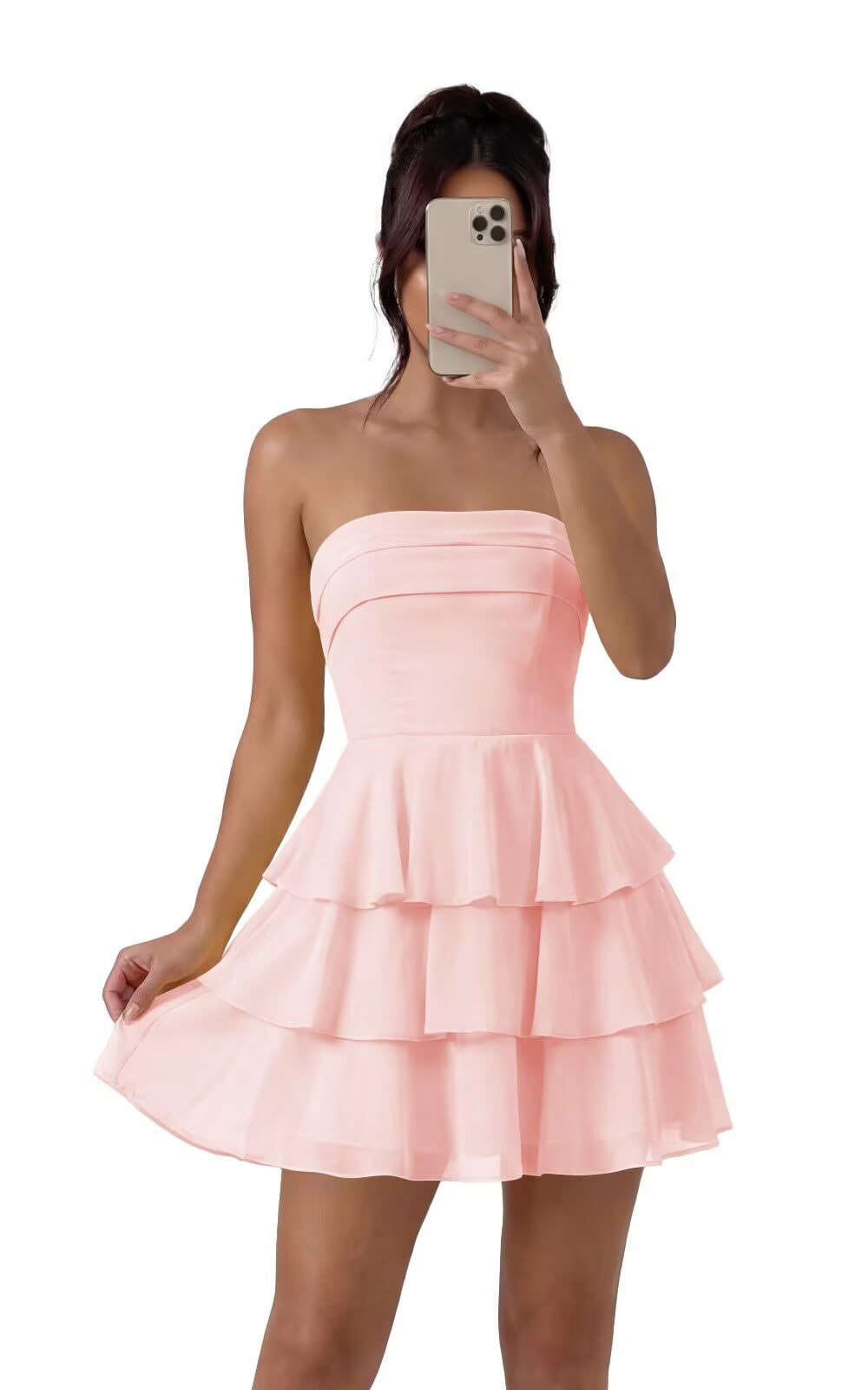 HMONELY Cute Light Pink Tiered Chiffon Homecoming Dresses Short 2026 for Teens Strapless Pleated Ruffles Mini Club Party Cocktail Gowns US Size 6 HE103
