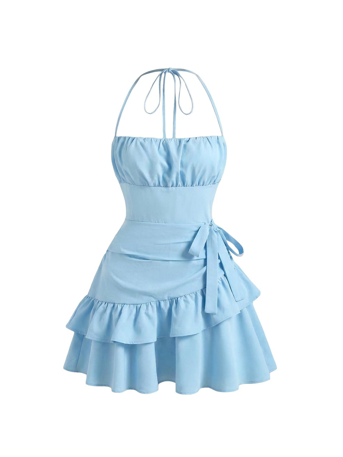 Floerns Women's Floral Halter Ruffle Tiered Cute Summer Mini Dress Milkmaid Vacation Sundress Plain Blue X-Small