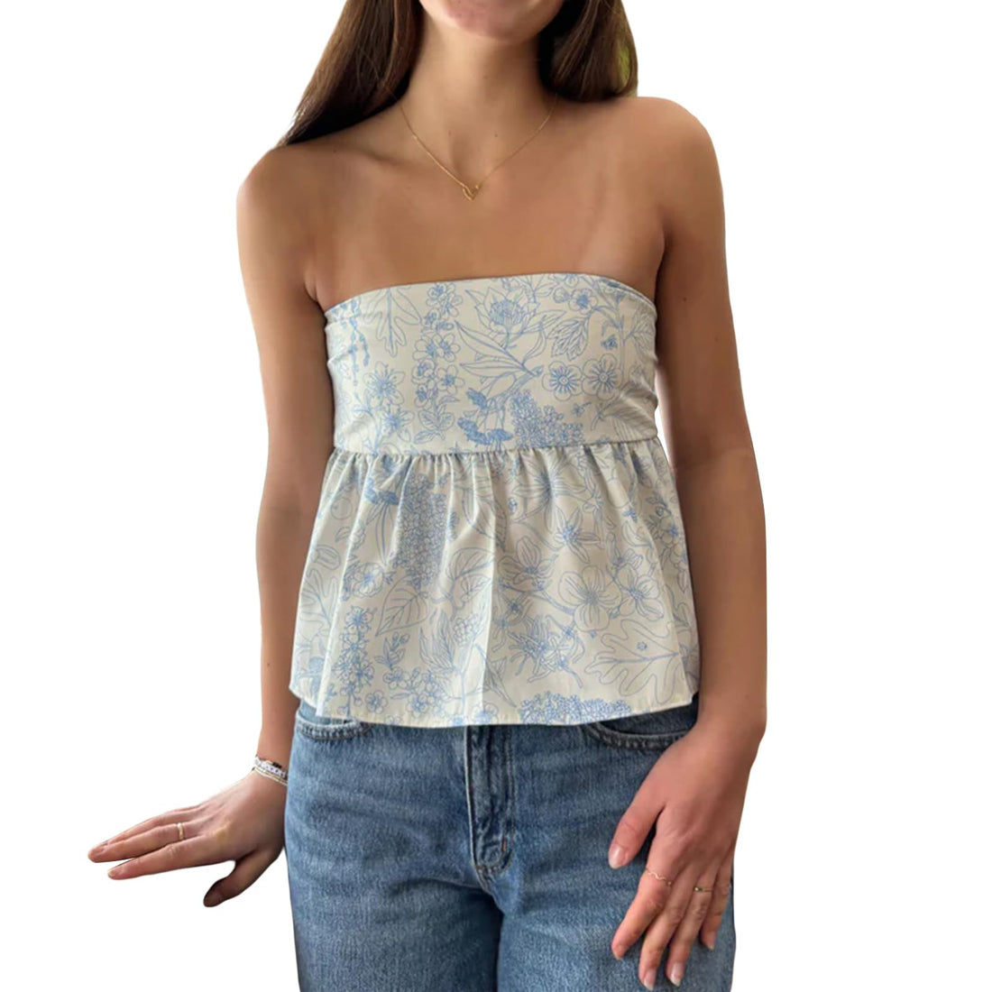 Women Y2k Tube Tops Strapless Floral Bandeau Vest Sexy Tie Up Sleeveless Backless Cute Tops Summer Grunge Clothes (Light Blue, M)