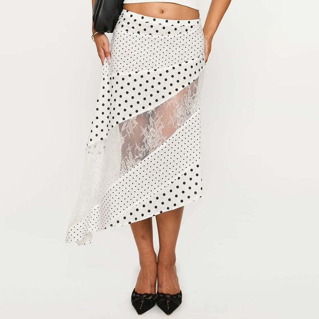Women Lace Maxi Skirt Low Waist Asymmetrical Hem Patchwork Flowy Midi Skirt (White, M)