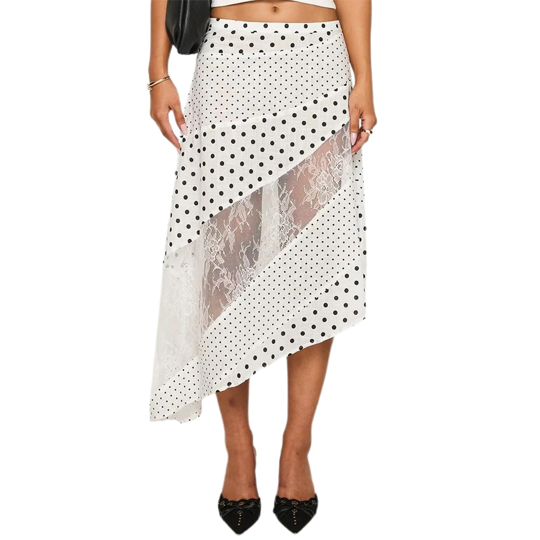 Women Lace Maxi Skirt Low Waist Asymmetrical Hem Patchwork Flowy Midi Skirt (White, M)