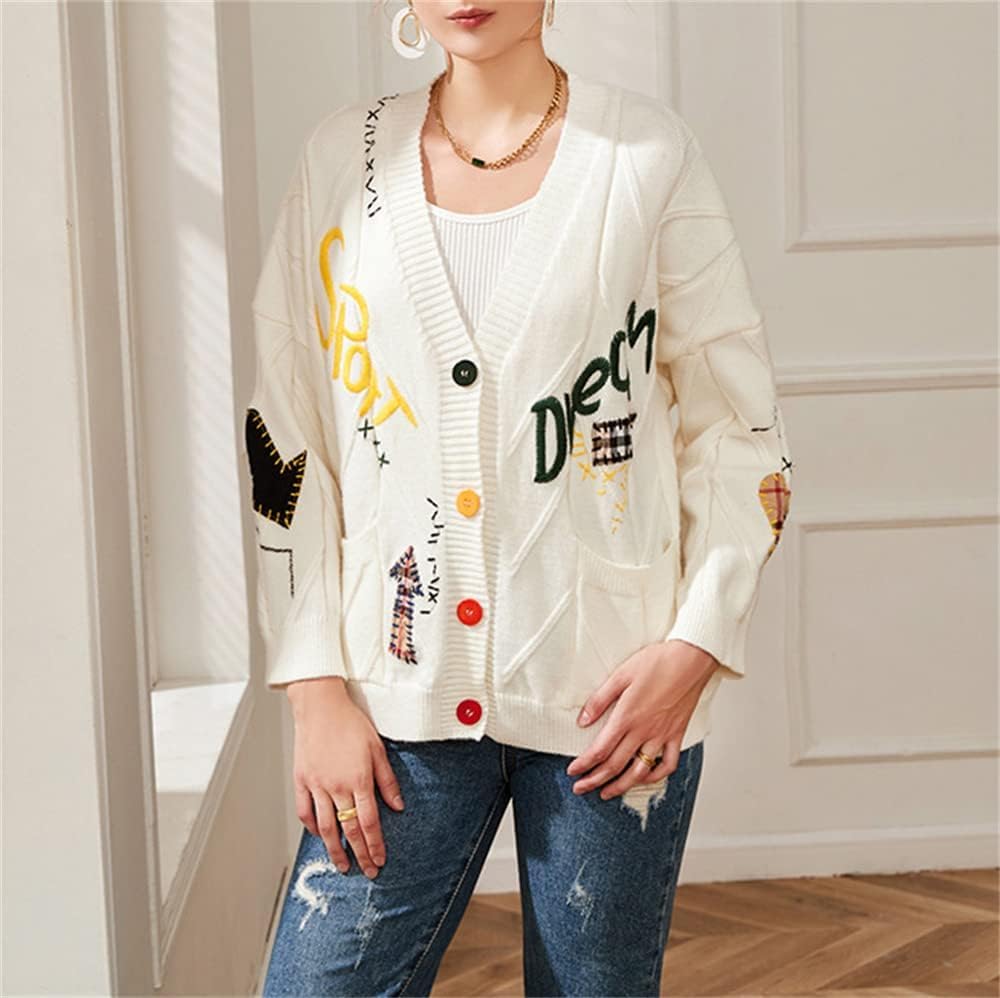 Women's Cute Cable Knit Embroidered Cardigan Sweater Kawaii Long Sleeve Button Open Front Sweater Coat Outwear Beige