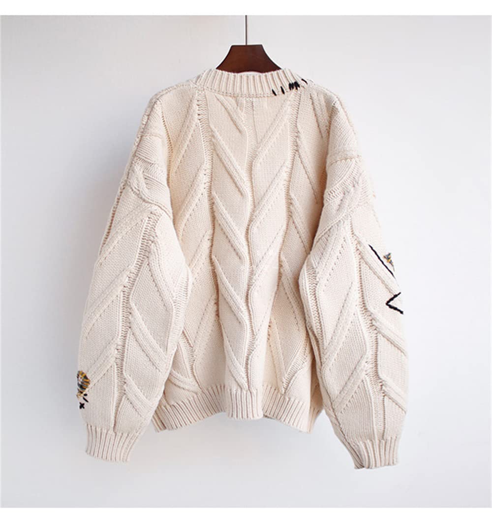 Women's Cute Cable Knit Embroidered Cardigan Sweater Kawaii Long Sleeve Button Open Front Sweater Coat Outwear Beige