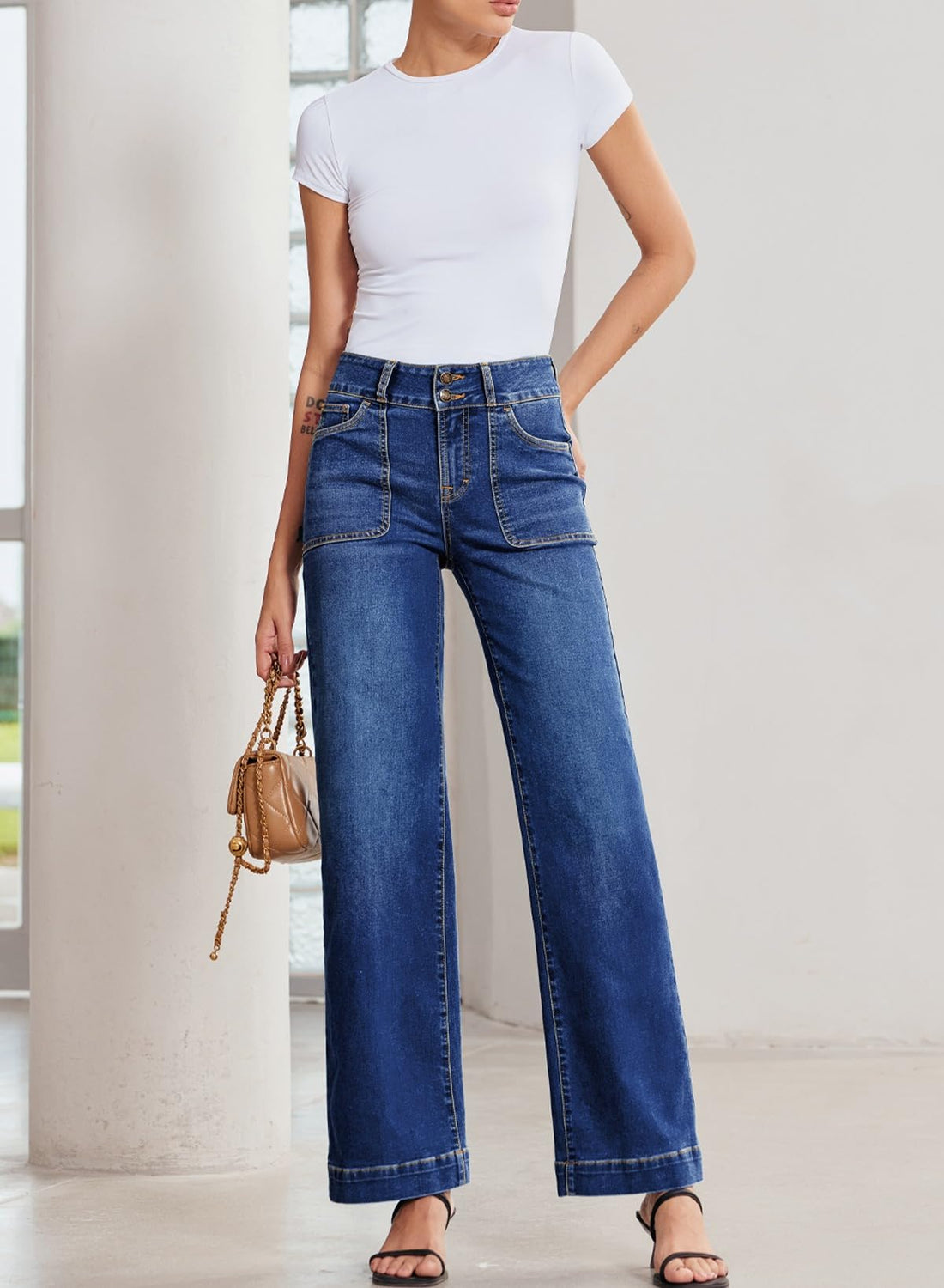 Sidefeel Women's Wide Leg Jeans High Waisted Stretchy Tummy Control Denim Pants Spring Outfits Bluing Size 8