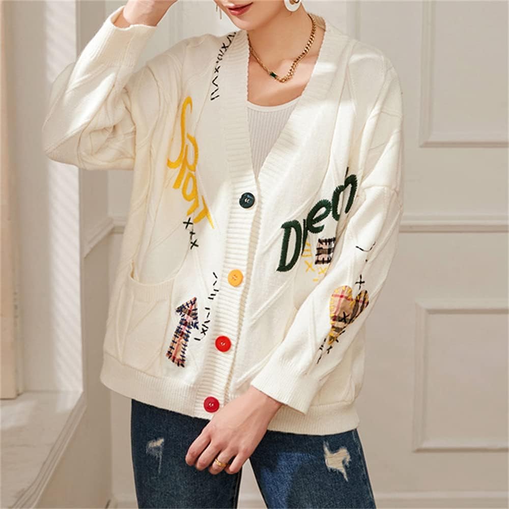 Women's Cute Cable Knit Embroidered Cardigan Sweater Kawaii Long Sleeve Button Open Front Sweater Coat Outwear Beige