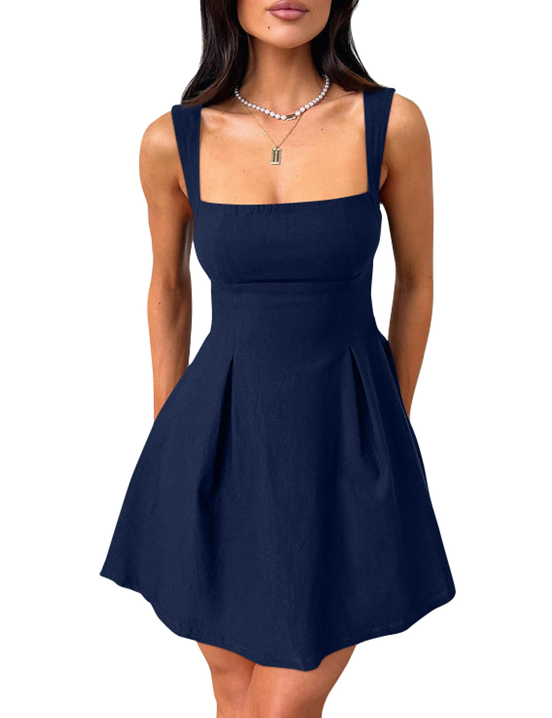 YMDUCH Women's Sexy Sleeveless Square Neck Adjustable Straps Bow Tie A-line Mini Party Club Dress Navy Small