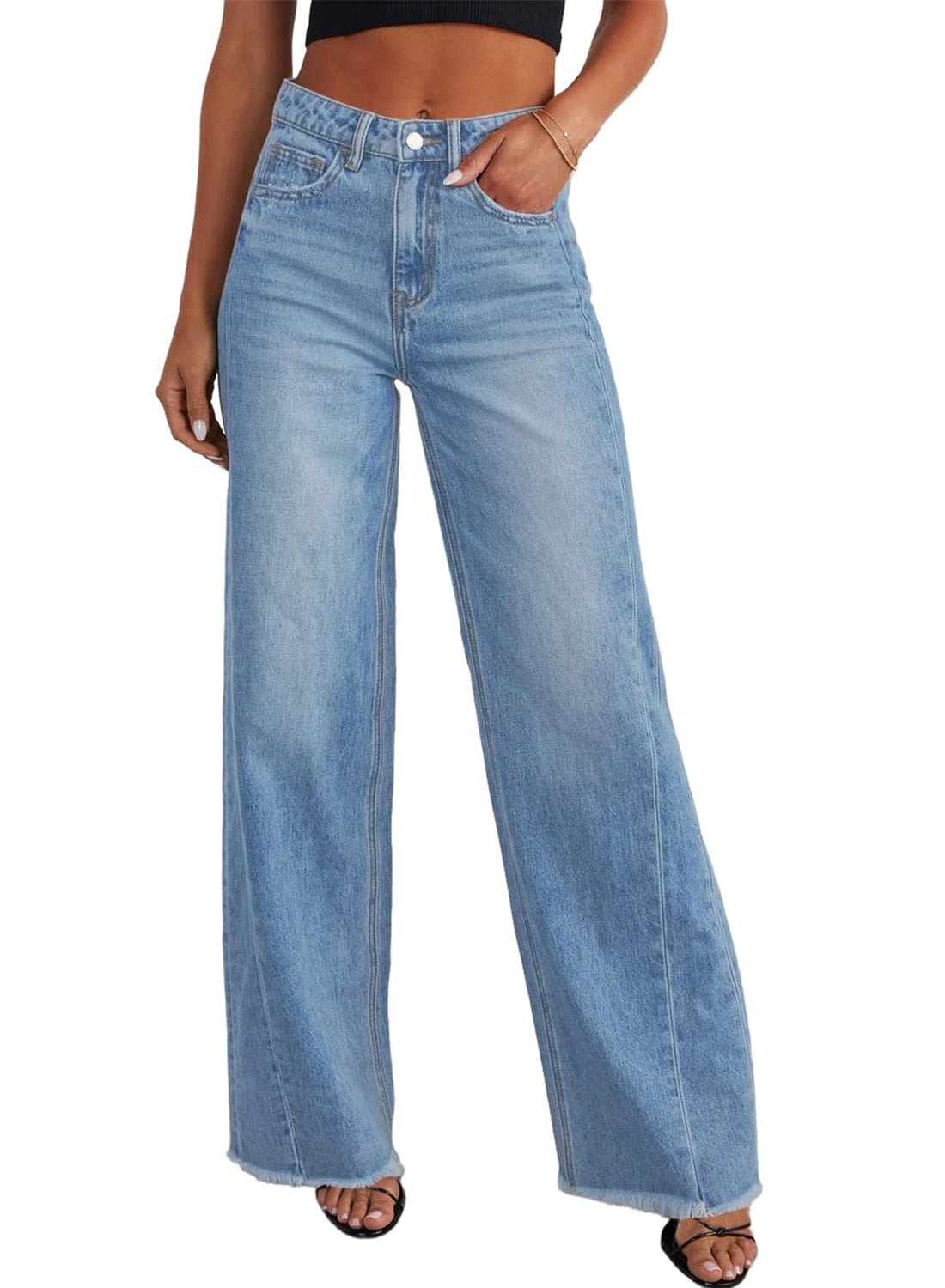 Sidefeel Women's Wide Leg Jeans High Waisted Stretchy Raw Hem Denim Pants Size 8 Light Blue