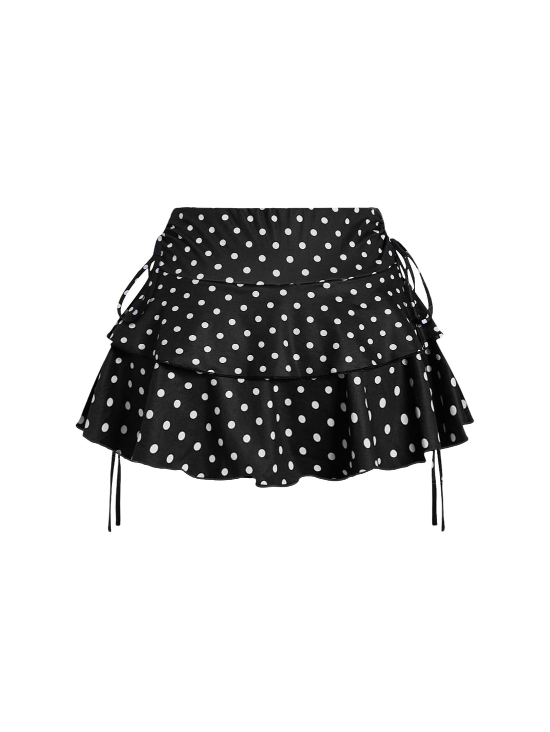 PRSFPN Women's Y2k Mini Ruffle Skirts with Shorts Tiered Layers Cute Elastic Waist Coquette Skort Drawstring Side Bow Tie (Black Polka Dot, Medium)
