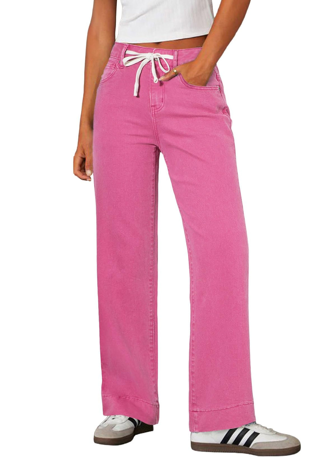 Sidefeel Women's Wide Leg Jeans High Waisted Stretchy Straight Baggy Drawstring Denim Pants Rose Red Size 8