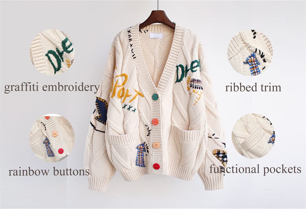 Women's Cute Cable Knit Embroidered Cardigan Sweater Kawaii Long Sleeve Button Open Front Sweater Coat Outwear Beige