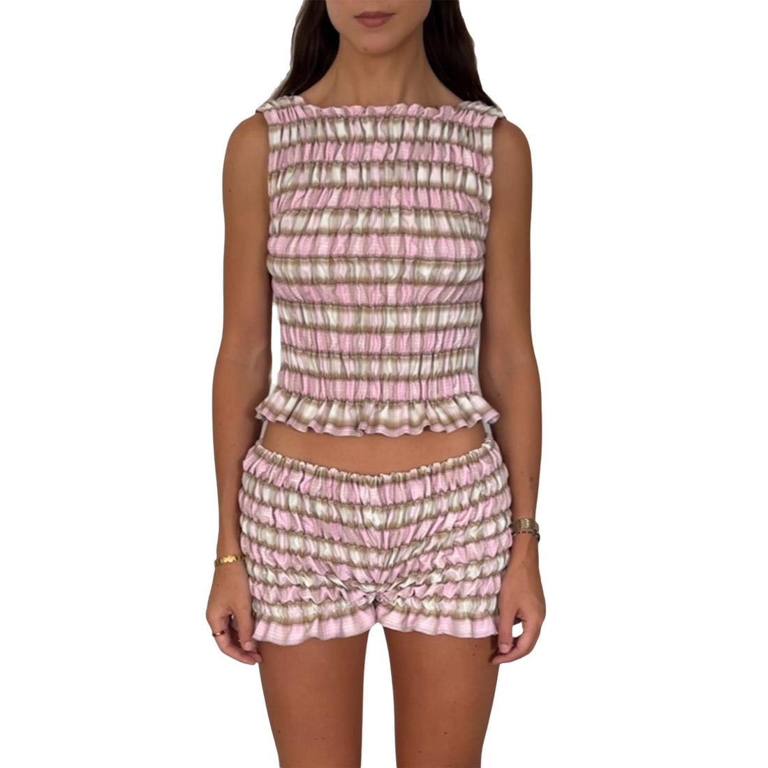 SUEER Women 2pcs Smocked Ruffle Shorts Pajamas Set Sleeveless Round Neck Plaid Print Crop Top Elastic Waist Shorts Lounge Set (Pink, M)