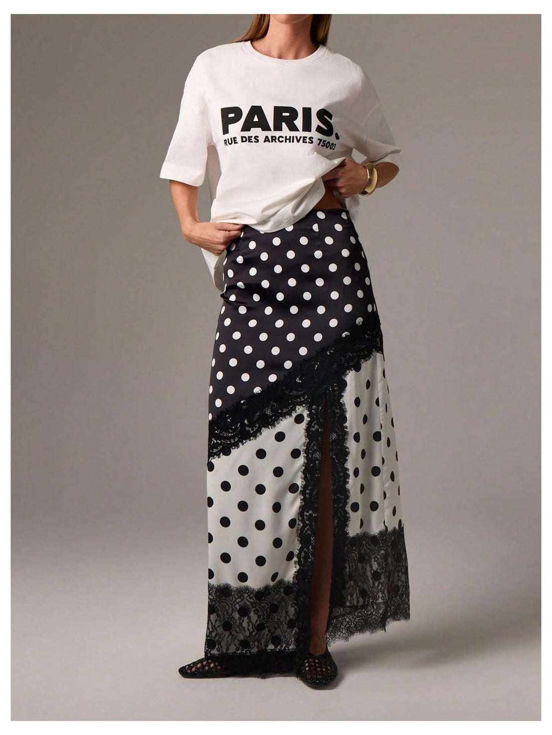 MakeMeChic Women's Lace Polka Dots Maxi Skirt High Waist Split Thigh Y2k Skirts Black and White Large
