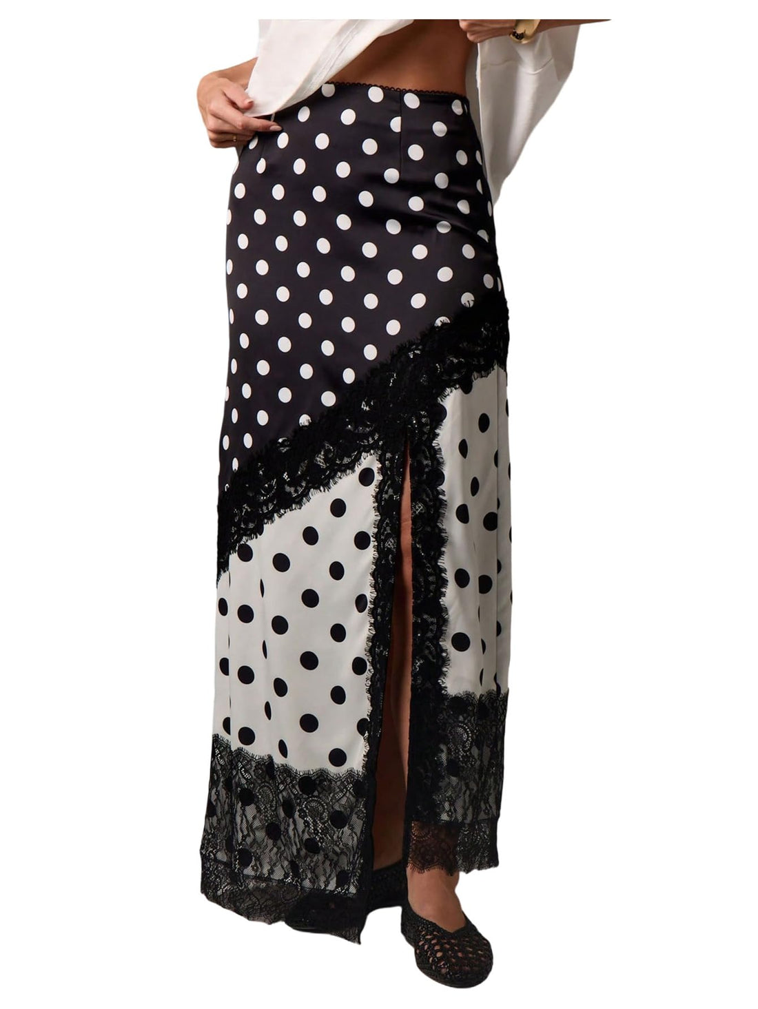 MakeMeChic Women's Lace Polka Dots Maxi Skirt High Waist Split Thigh Y2k Skirts Black and White Large
