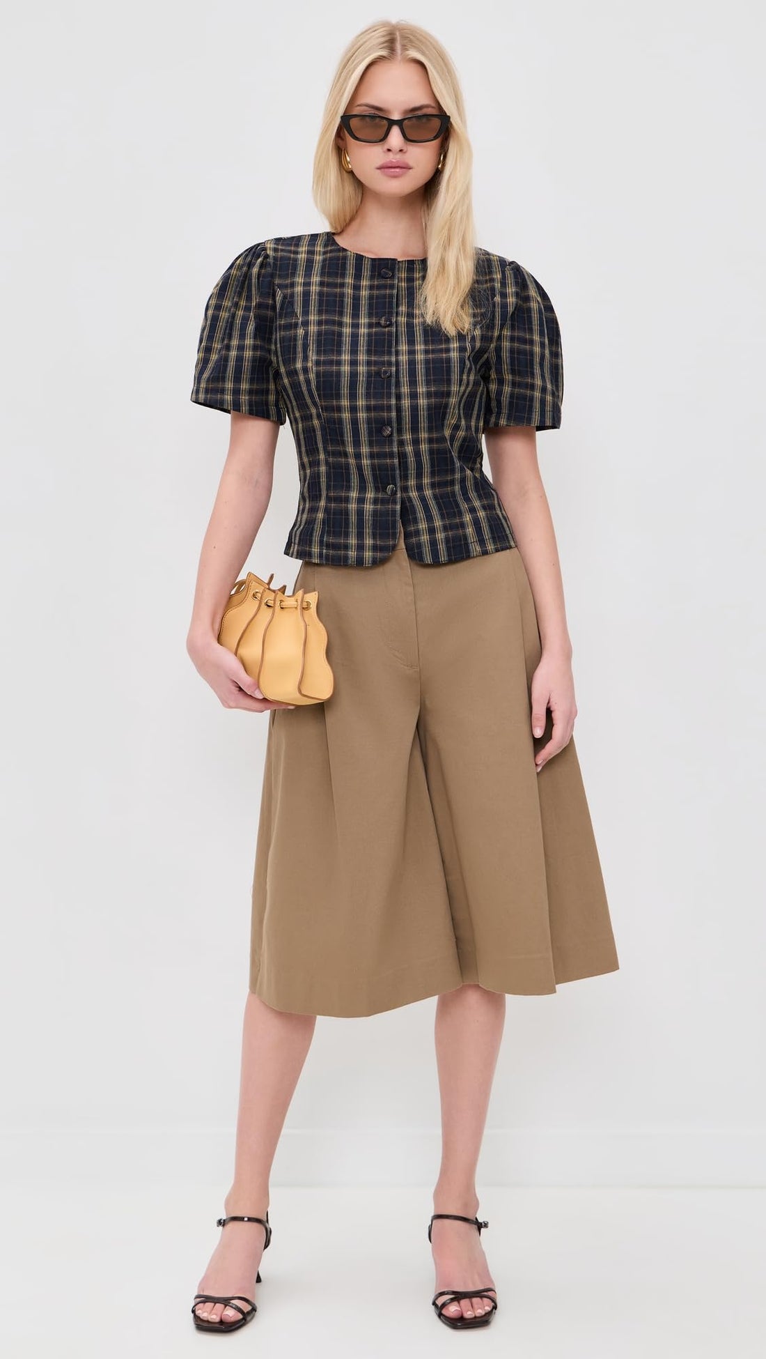 Lioness Women's Femme Blouse, Navy Lemon Plaid, M