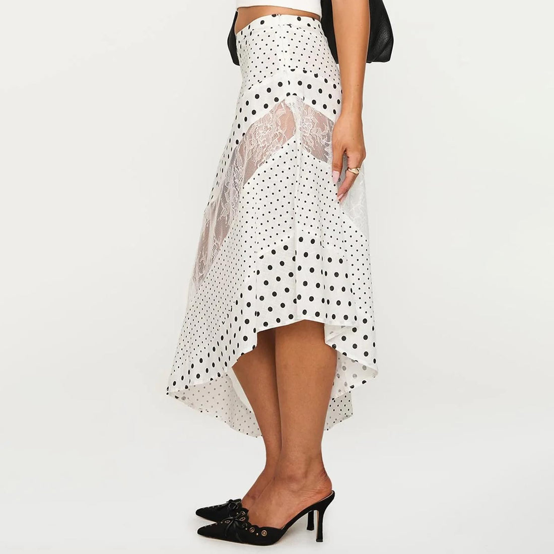 Women Lace Maxi Skirt Low Waist Asymmetrical Hem Patchwork Flowy Midi Skirt (White, M)