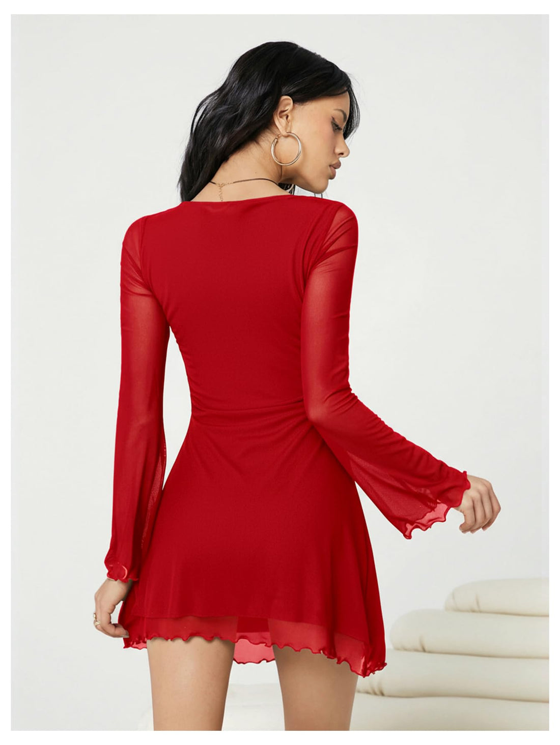 Milumia Women's Boat Neck Mesh Long Bell Sleeve Mini Dress Y2k Going Out Short Dresses 2026 Spring Bright Red Medium