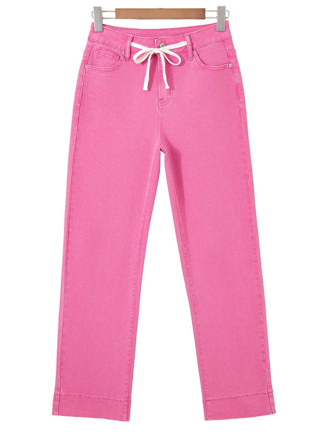 Sidefeel Women's Wide Leg Jeans High Waisted Stretchy Straight Baggy Drawstring Denim Pants Rose Red Size 8