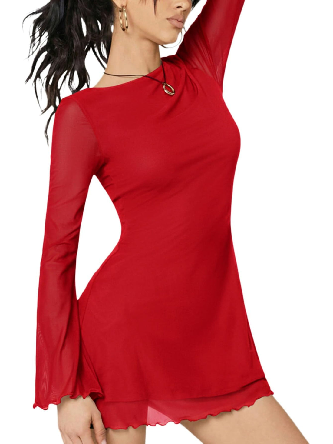 Milumia Women's Boat Neck Mesh Long Bell Sleeve Mini Dress Y2k Going Out Short Dresses 2026 Spring Bright Red Medium