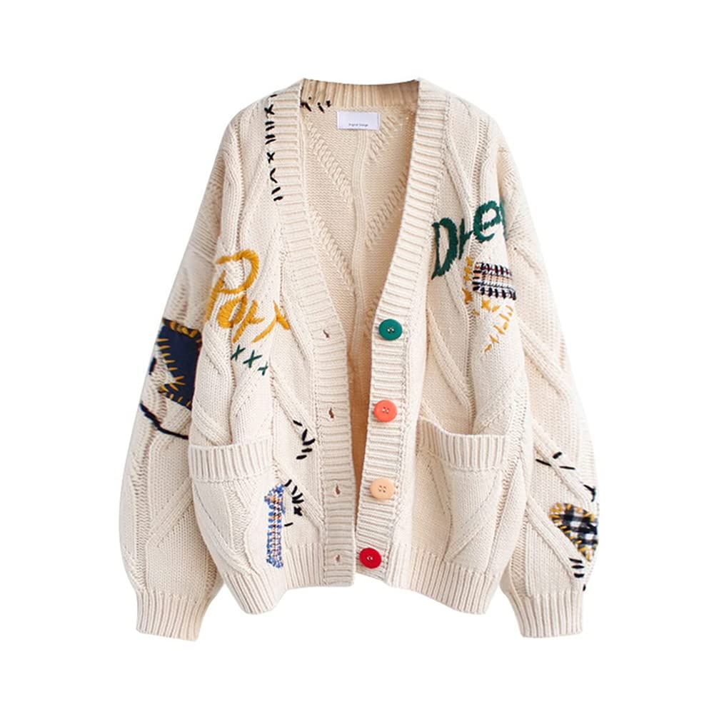 Women's Cute Cable Knit Embroidered Cardigan Sweater Kawaii Long Sleeve Button Open Front Sweater Coat Outwear Beige
