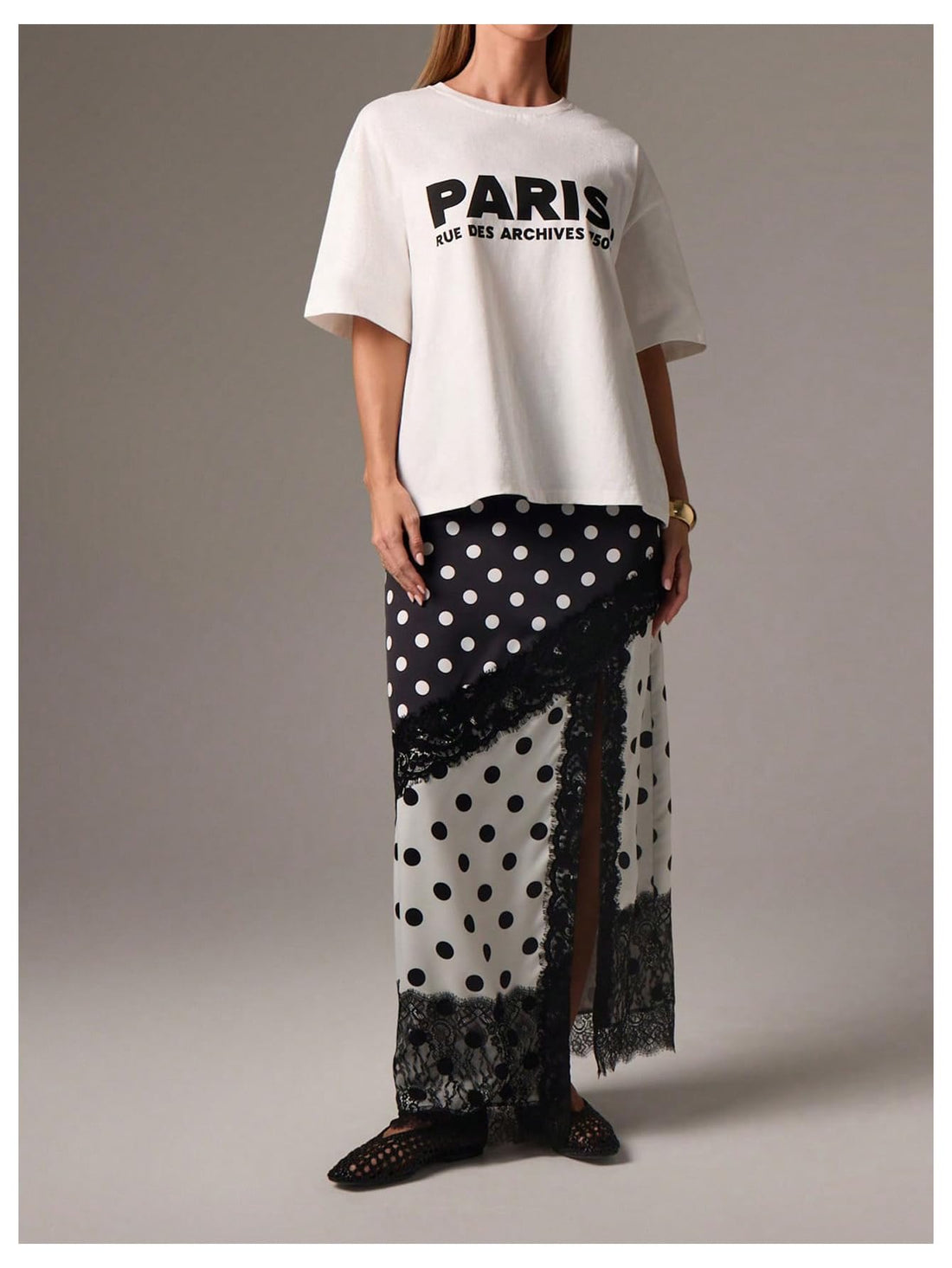 MakeMeChic Women's Lace Polka Dots Maxi Skirt High Waist Split Thigh Y2k Skirts Black and White Large