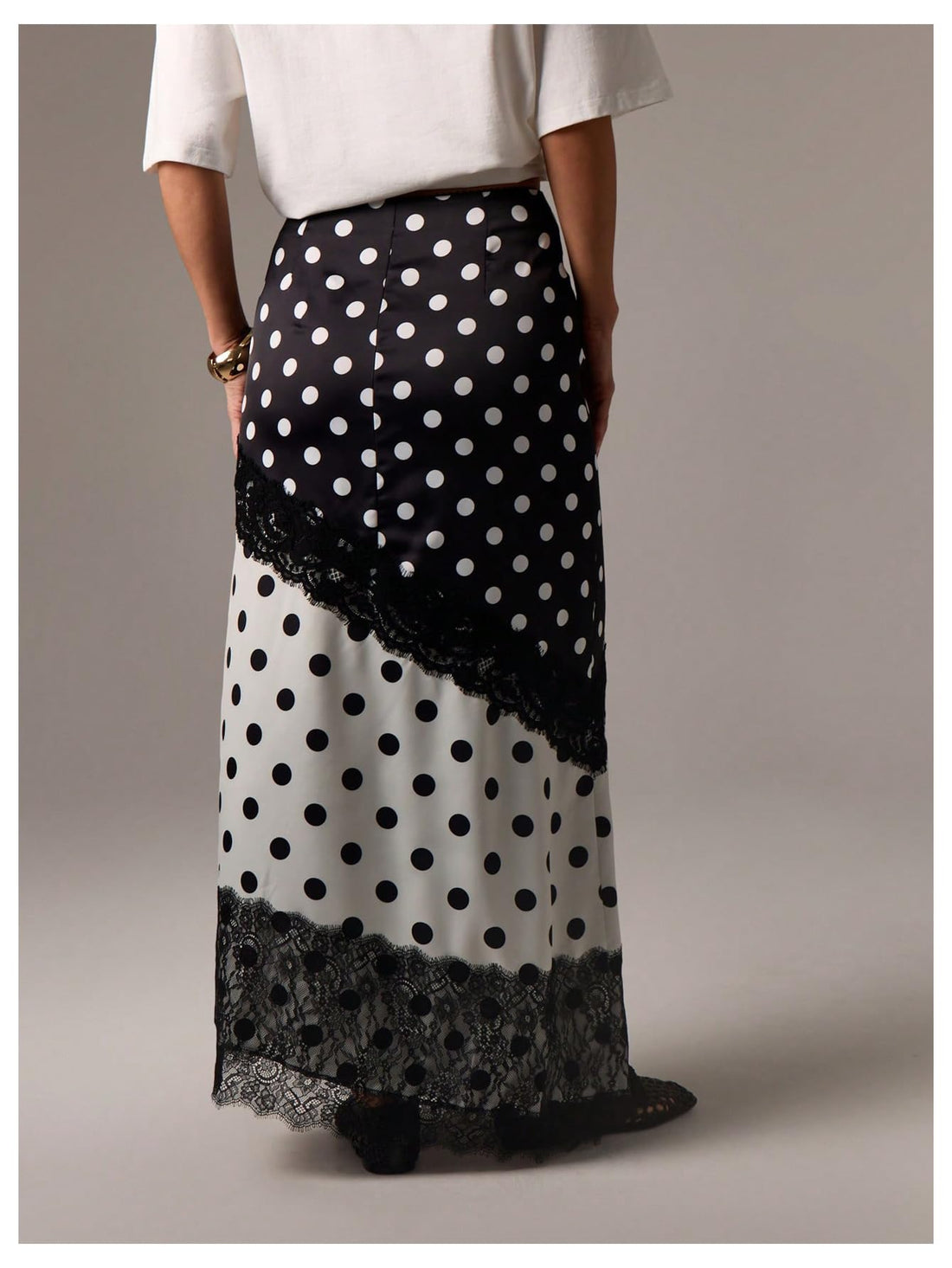 MakeMeChic Women's Lace Polka Dots Maxi Skirt High Waist Split Thigh Y2k Skirts Black and White Large