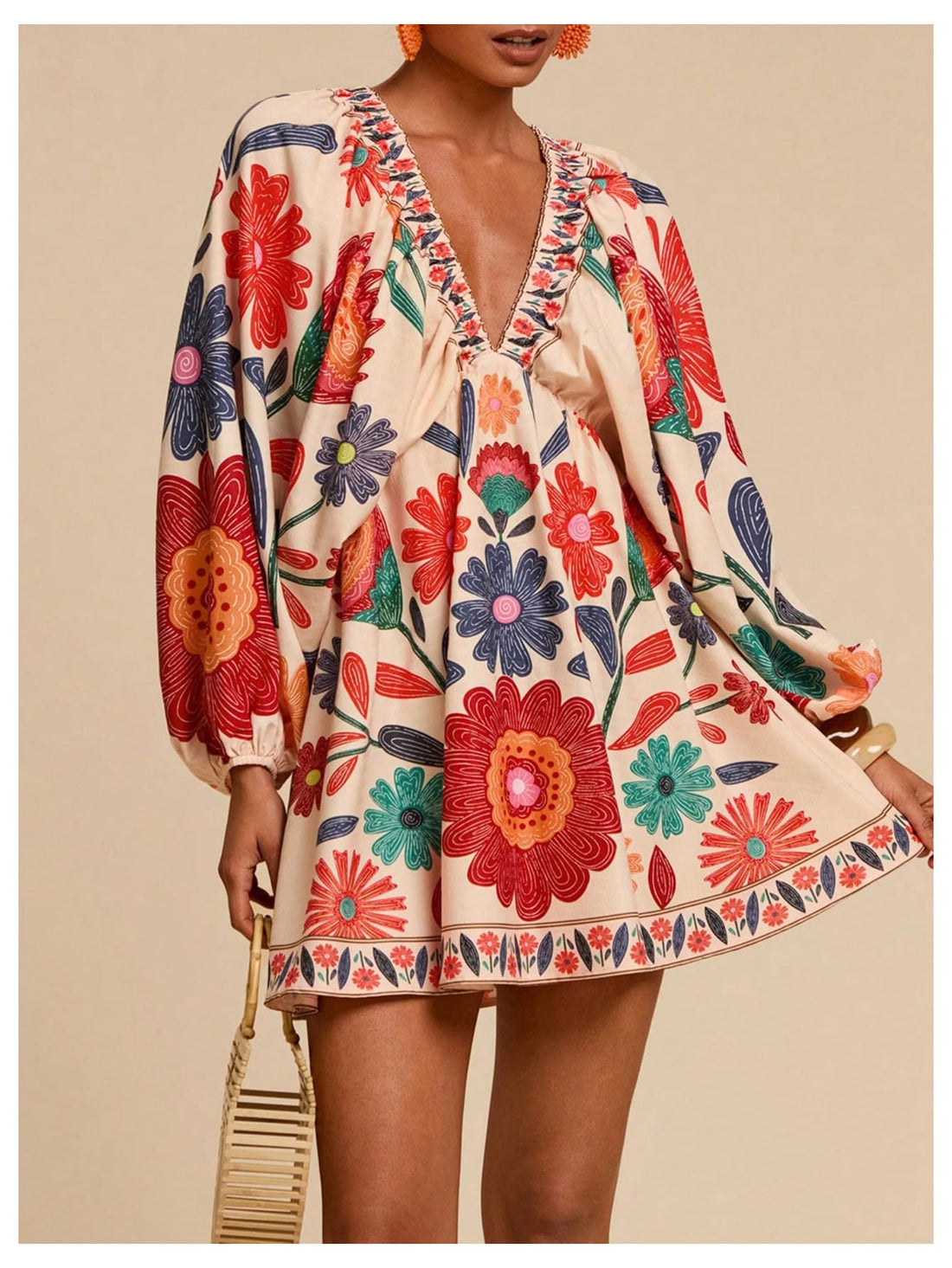 RoseSeek Women's Boho Floral V Neck Mini Dresses Bishop Sleeve Tie Open Back Tropical Dress Orange Small