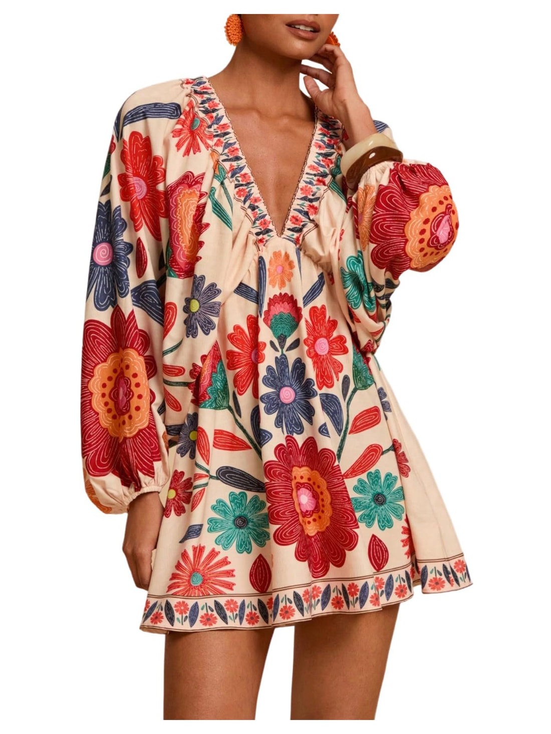 RoseSeek Women's Boho Floral V Neck Mini Dresses Bishop Sleeve Tie Open Back Tropical Dress Orange Small