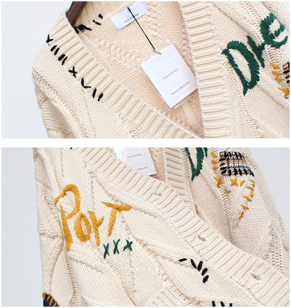 Women's Cute Cable Knit Embroidered Cardigan Sweater Kawaii Long Sleeve Button Open Front Sweater Coat Outwear Beige