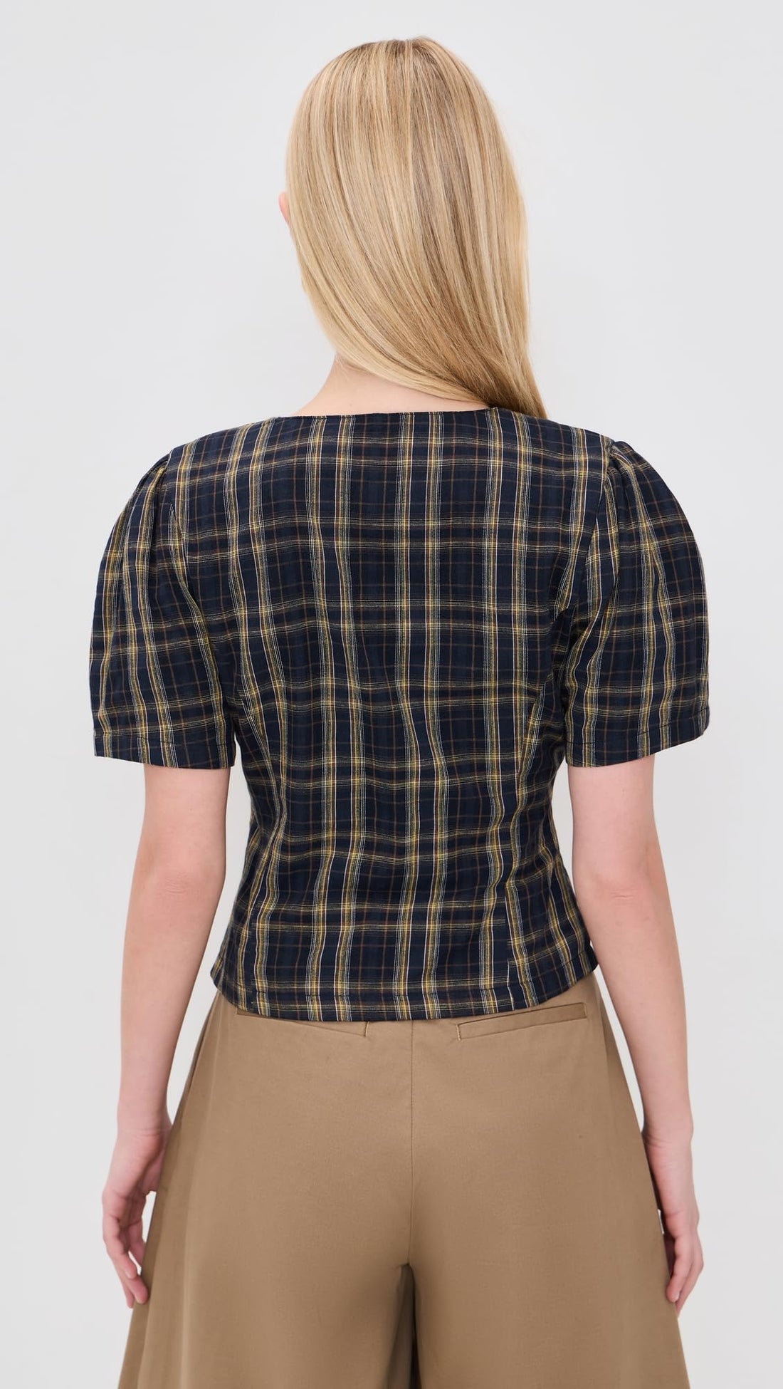 Lioness Women's Femme Blouse, Navy Lemon Plaid, M