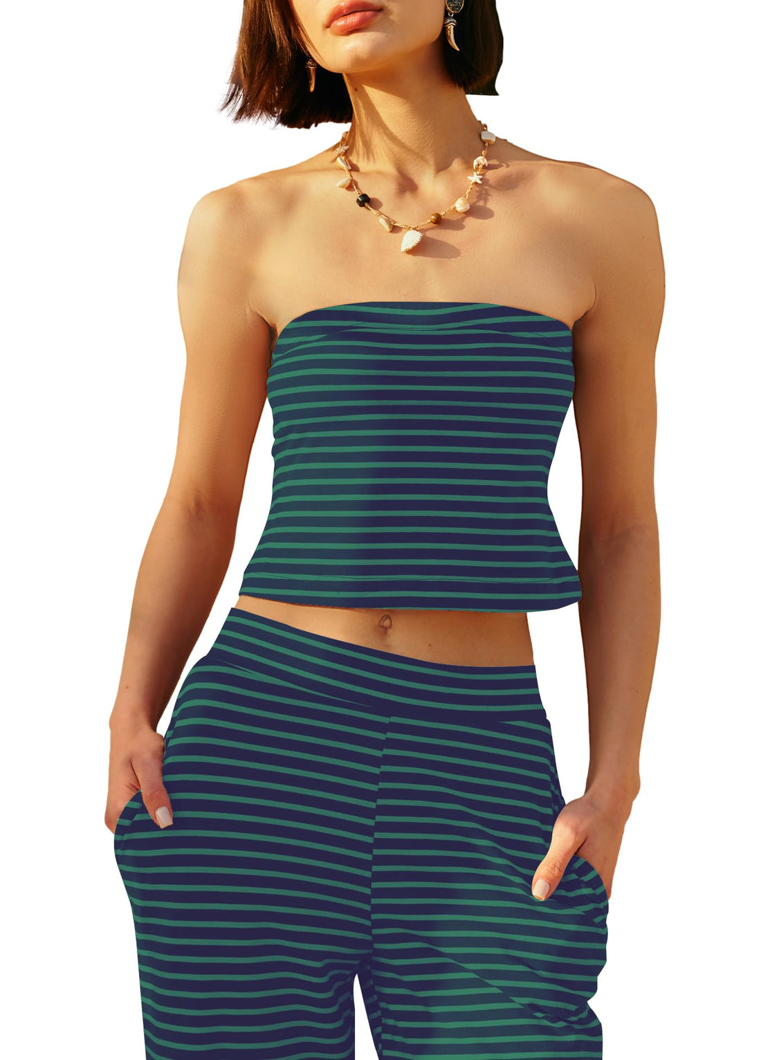 Panadila Womens Striped Two Piece Sets Summer Lounge Outfits Sailor Tube Top and Pants Matching Set Beach Vacation Travel Y2k (Navy Green Combo,M)