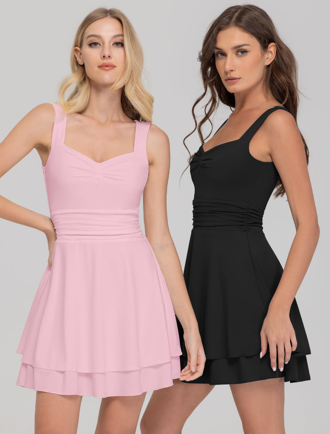 IWD Womens Summer Square Neck Sleeveless Mini Dresses Cute A Line Corset Ruched Waist Ruffle Hem Tiered Flowy Short Dress Light Pink Small