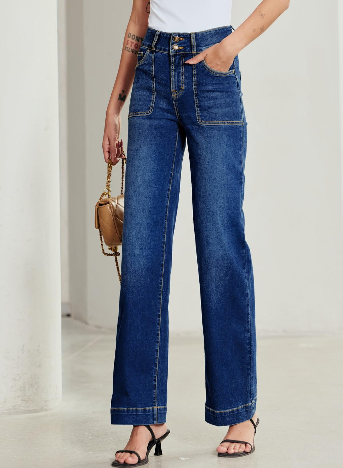 Sidefeel Women's Wide Leg Jeans High Waisted Stretchy Tummy Control Denim Pants Spring Outfits Bluing Size 8