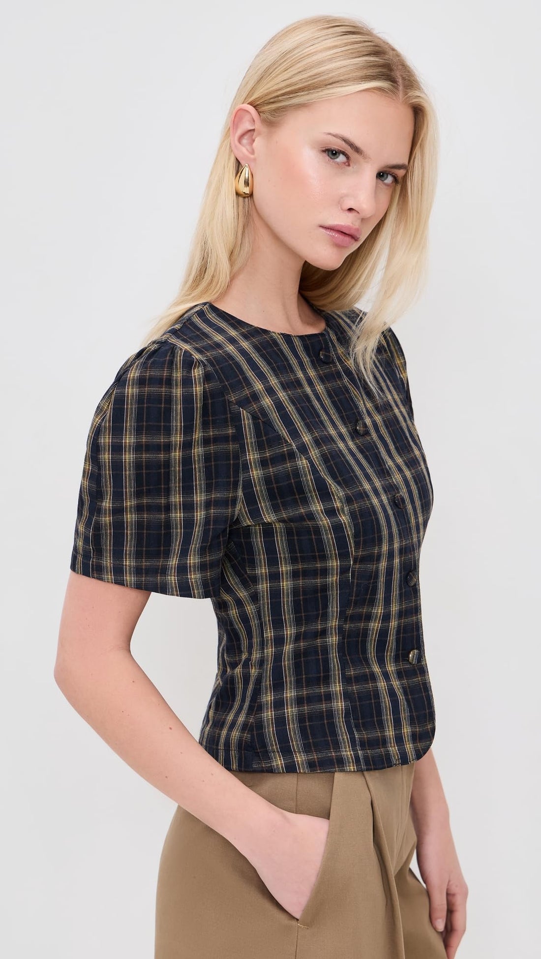 Lioness Women's Femme Blouse, Navy Lemon Plaid, M