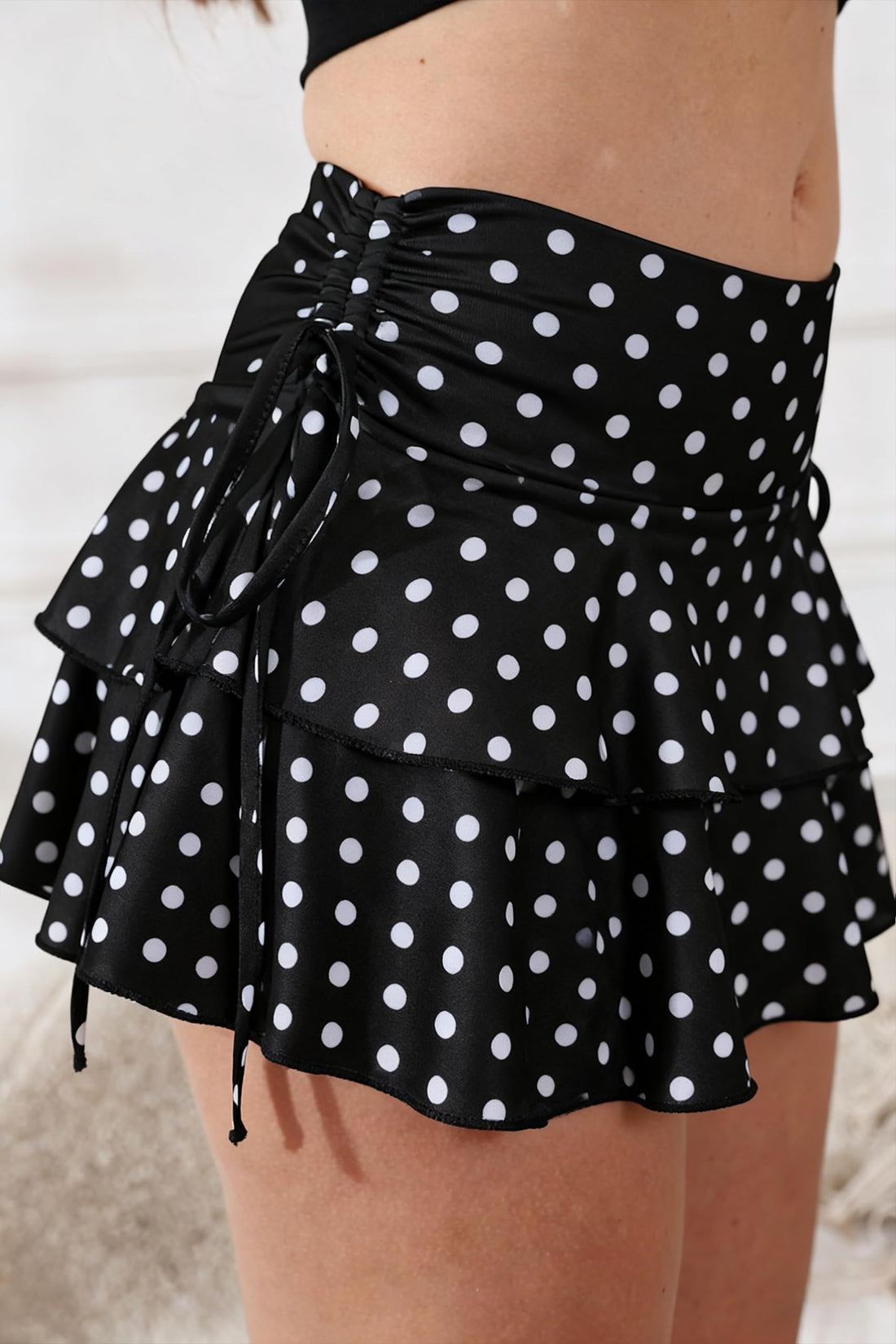 PRSFPN Women's Y2k Mini Ruffle Skirts with Shorts Tiered Layers Cute Elastic Waist Coquette Skort Drawstring Side Bow Tie (Black Polka Dot, Medium)