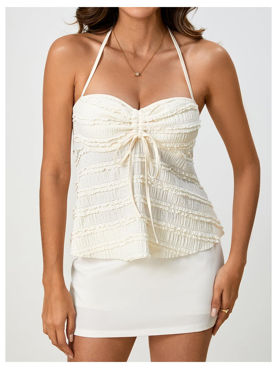 SOLY HUX Women's Peplum Halter Crop Tops Y2K Drawstring Tie Ruched Dressy Casual Spaghetti Strap Cami Top Apricot XS