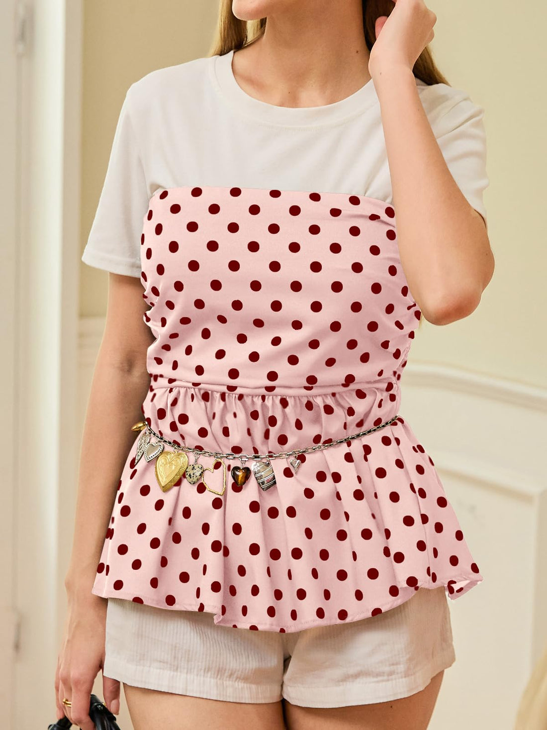Tankaneo Womens Strapless Polka Dot Tube Tops Cute Backless Peplumn Ruffle Hem Bandeau Top Slim Fit Y2k Tank Tops Pink