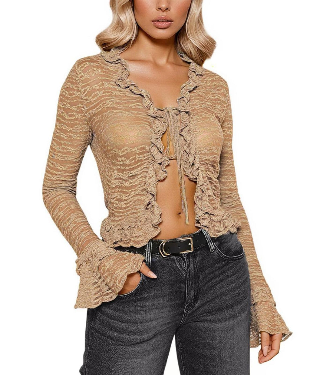Women's Y2K Tie Front Cardigan Textured Lettuce Trim Long Sleeve Sheer Shrug Top Cover Ups Khaki