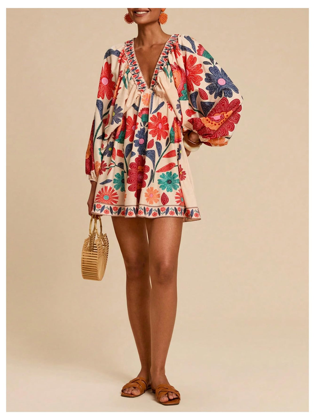 RoseSeek Women's Boho Floral V Neck Mini Dresses Bishop Sleeve Tie Open Back Tropical Dress Orange Small