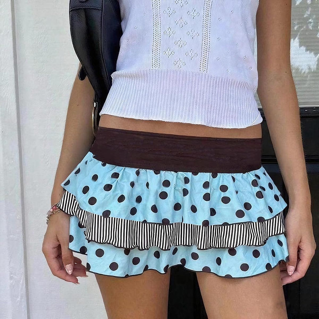 Women Polka Dots Ruffle Tiered Mini Skirt Y2K Low Rise Layered Pleated A Line Flowy Skirts Cute Beach Party Skirts (Blue, M)