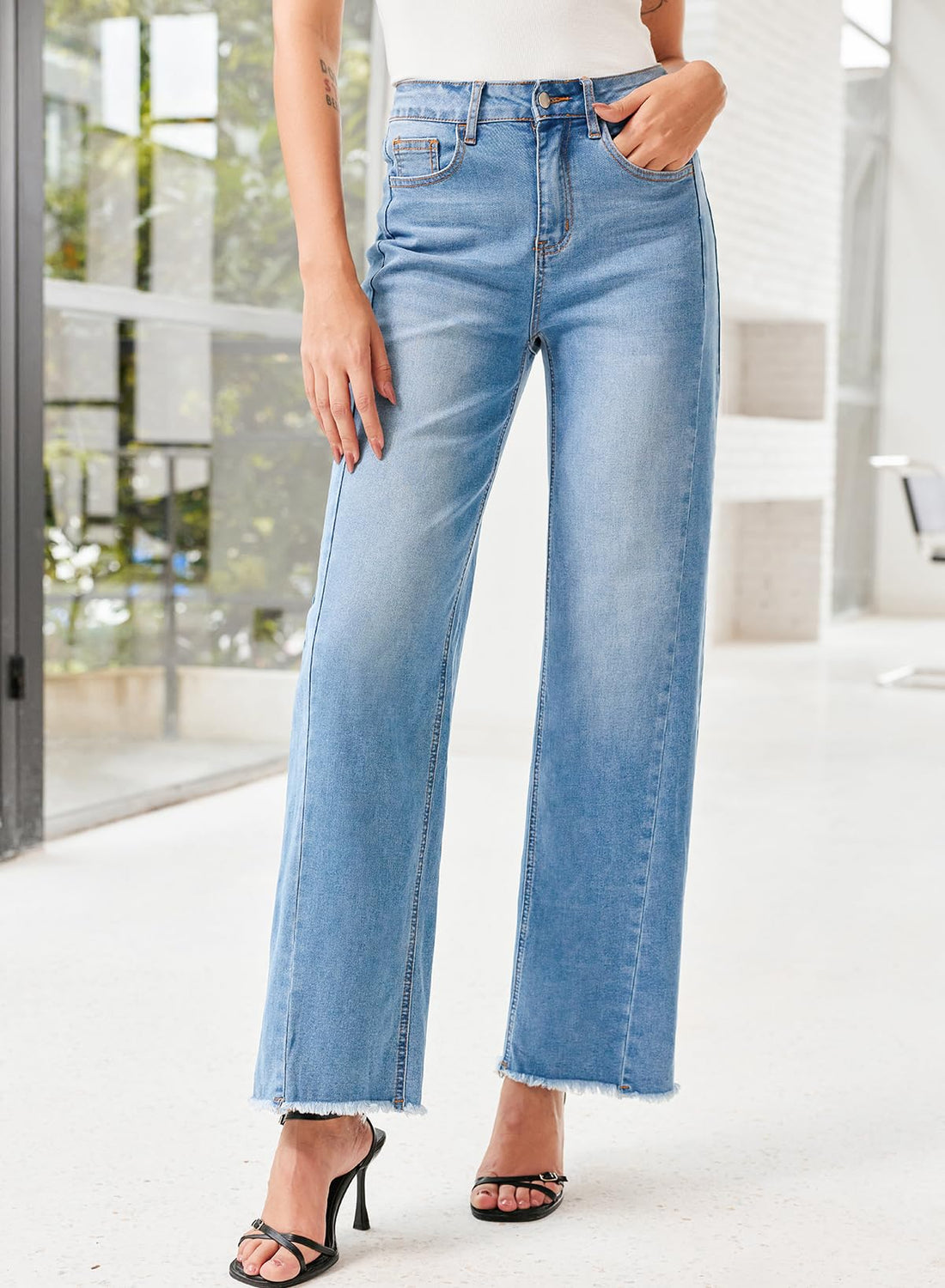 Sidefeel Women's Wide Leg Jeans High Waisted Stretchy Raw Hem Denim Pants Size 8 Light Blue