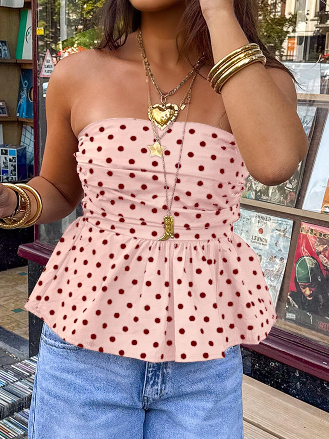 Tankaneo Womens Strapless Polka Dot Tube Tops Cute Backless Peplumn Ruffle Hem Bandeau Top Slim Fit Y2k Tank Tops Pink