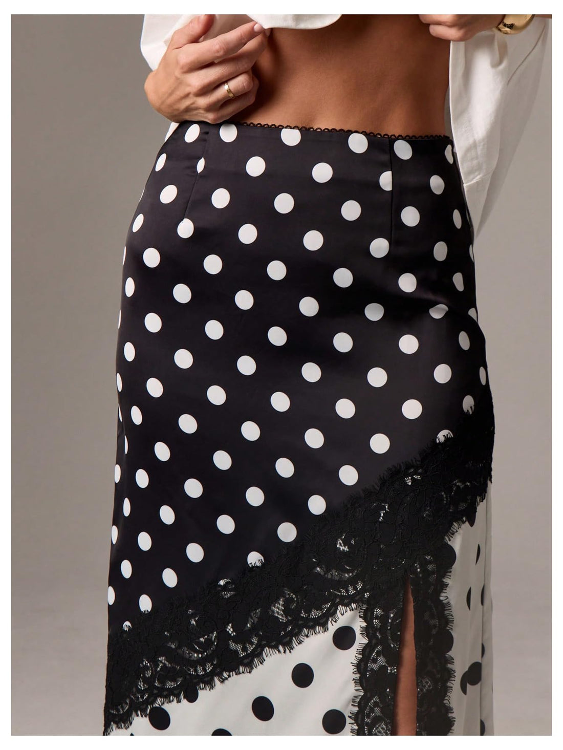 MakeMeChic Women's Lace Polka Dots Maxi Skirt High Waist Split Thigh Y2k Skirts Black and White Large