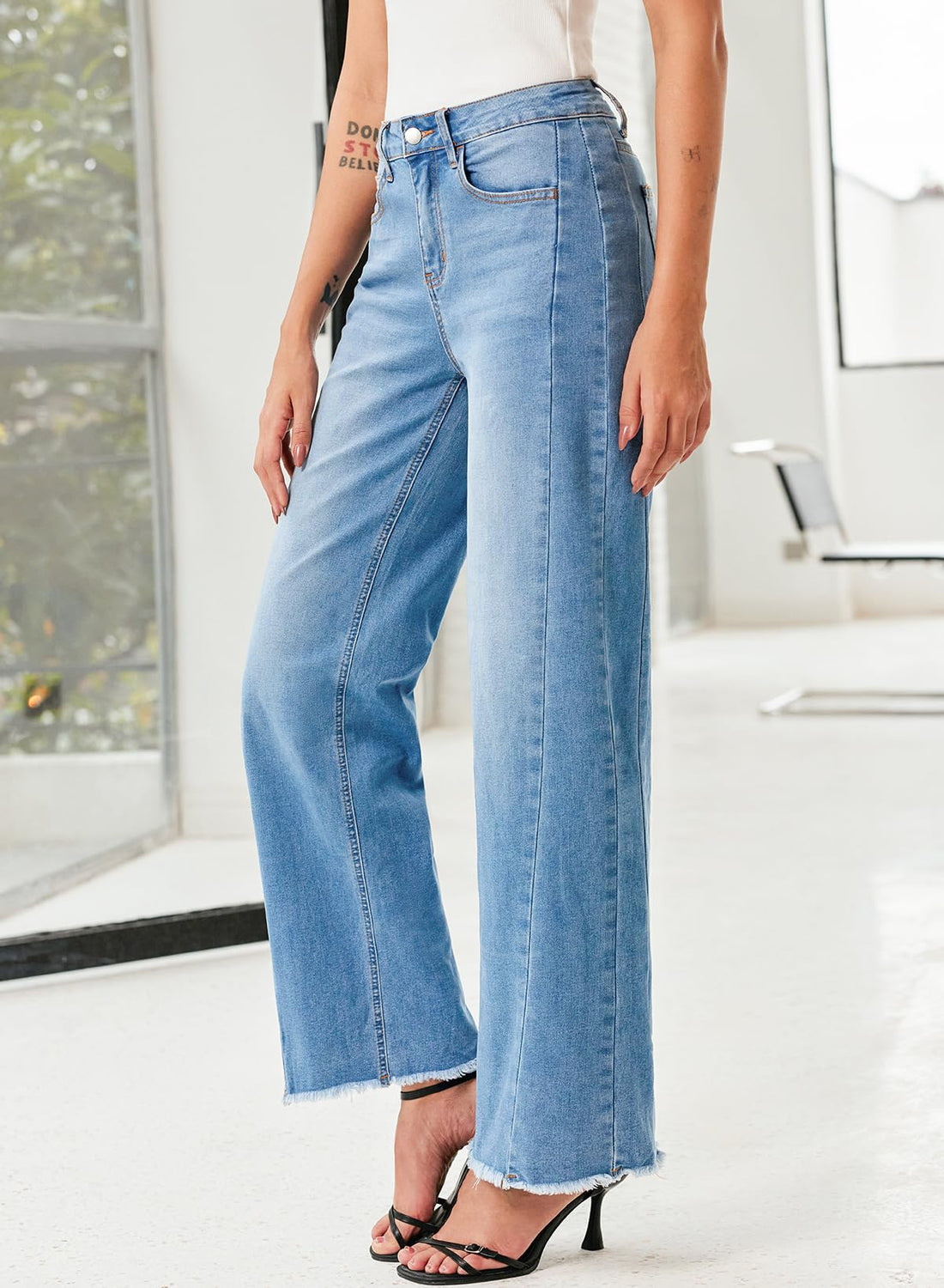 Sidefeel Women's Wide Leg Jeans High Waisted Stretchy Raw Hem Denim Pants Size 8 Light Blue
