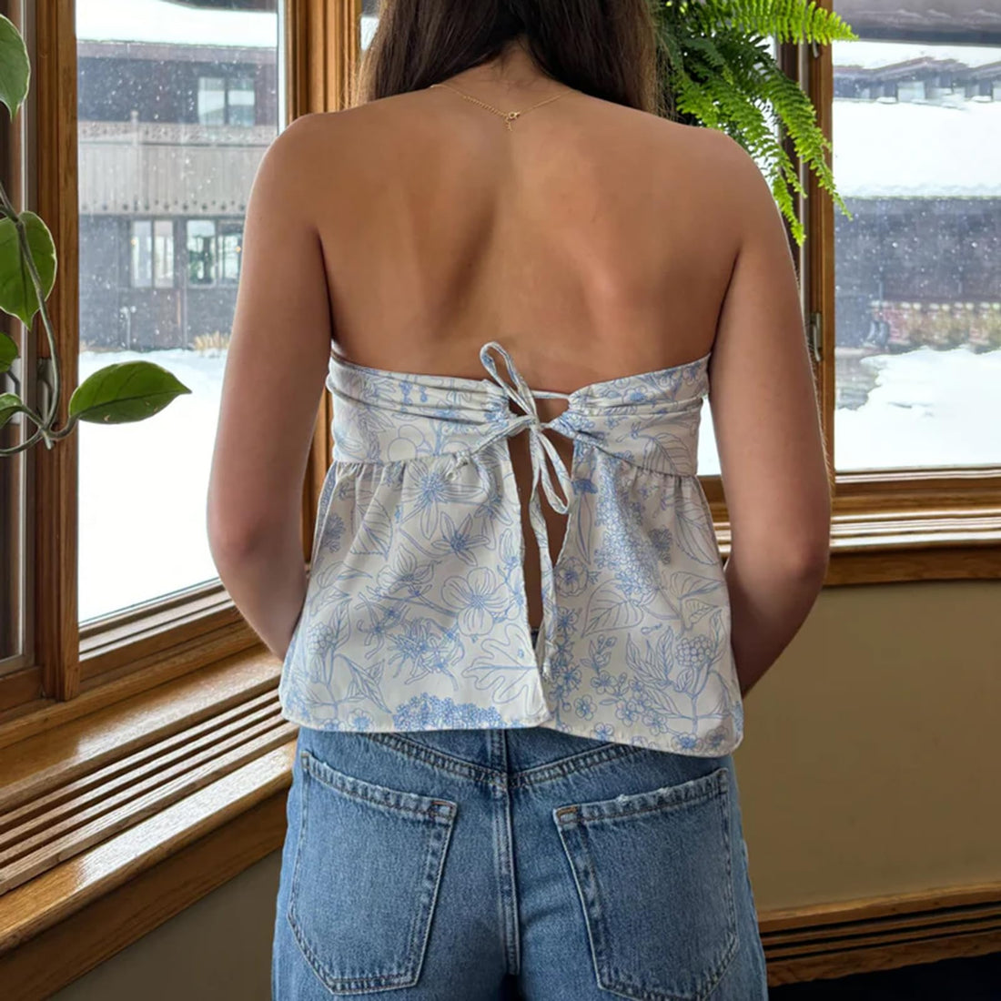 Women Y2k Tube Tops Strapless Floral Bandeau Vest Sexy Tie Up Sleeveless Backless Cute Tops Summer Grunge Clothes (Light Blue, M)