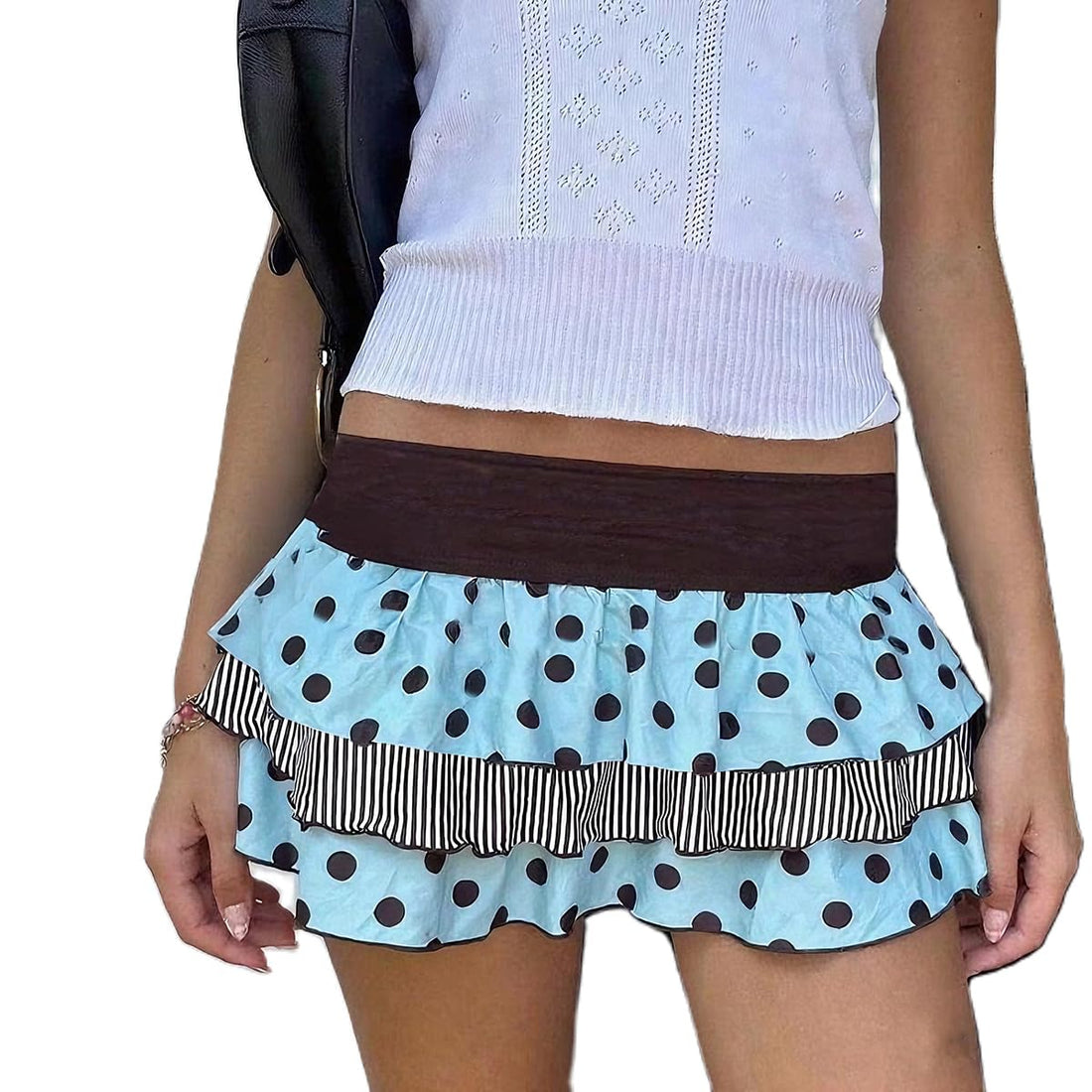 Women Polka Dots Ruffle Tiered Mini Skirt Y2K Low Rise Layered Pleated A Line Flowy Skirts Cute Beach Party Skirts (Blue, M)