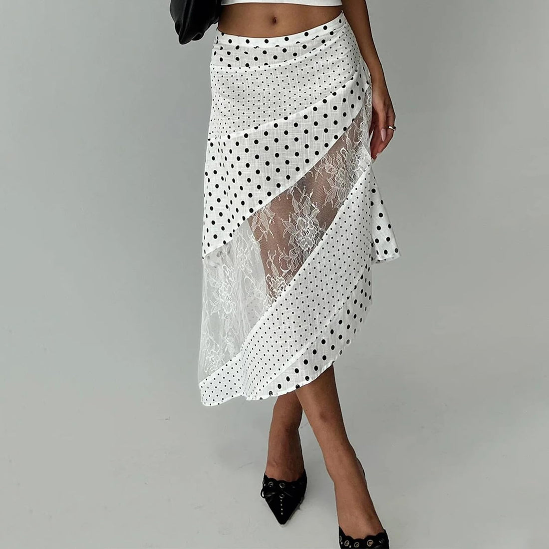 Women Lace Maxi Skirt Low Waist Asymmetrical Hem Patchwork Flowy Midi Skirt (White, M)