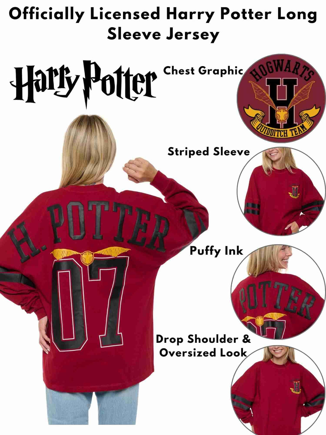 Harry Potter Womens Oversized Long Sleeve Jersey Quidditch (Dark Red, Small)