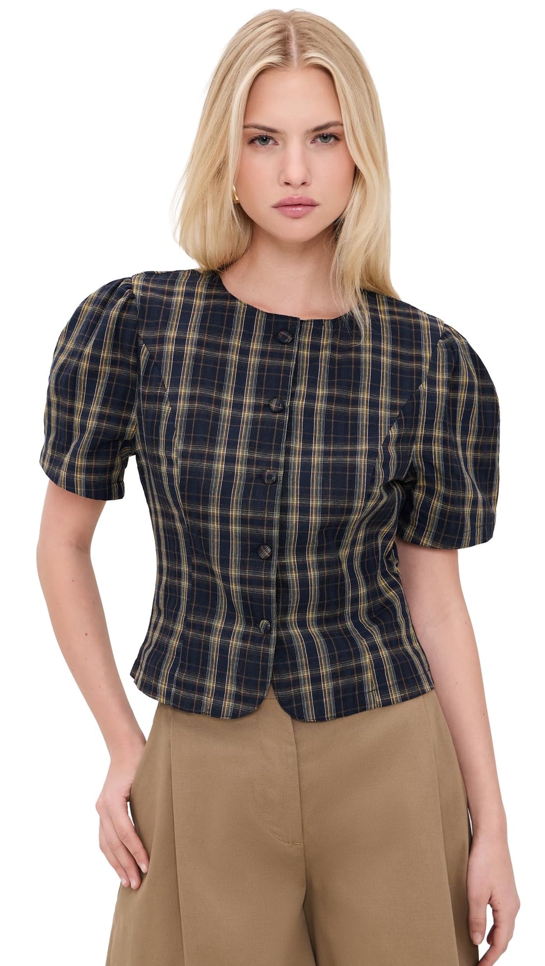 Lioness Women's Femme Blouse, Navy Lemon Plaid, M