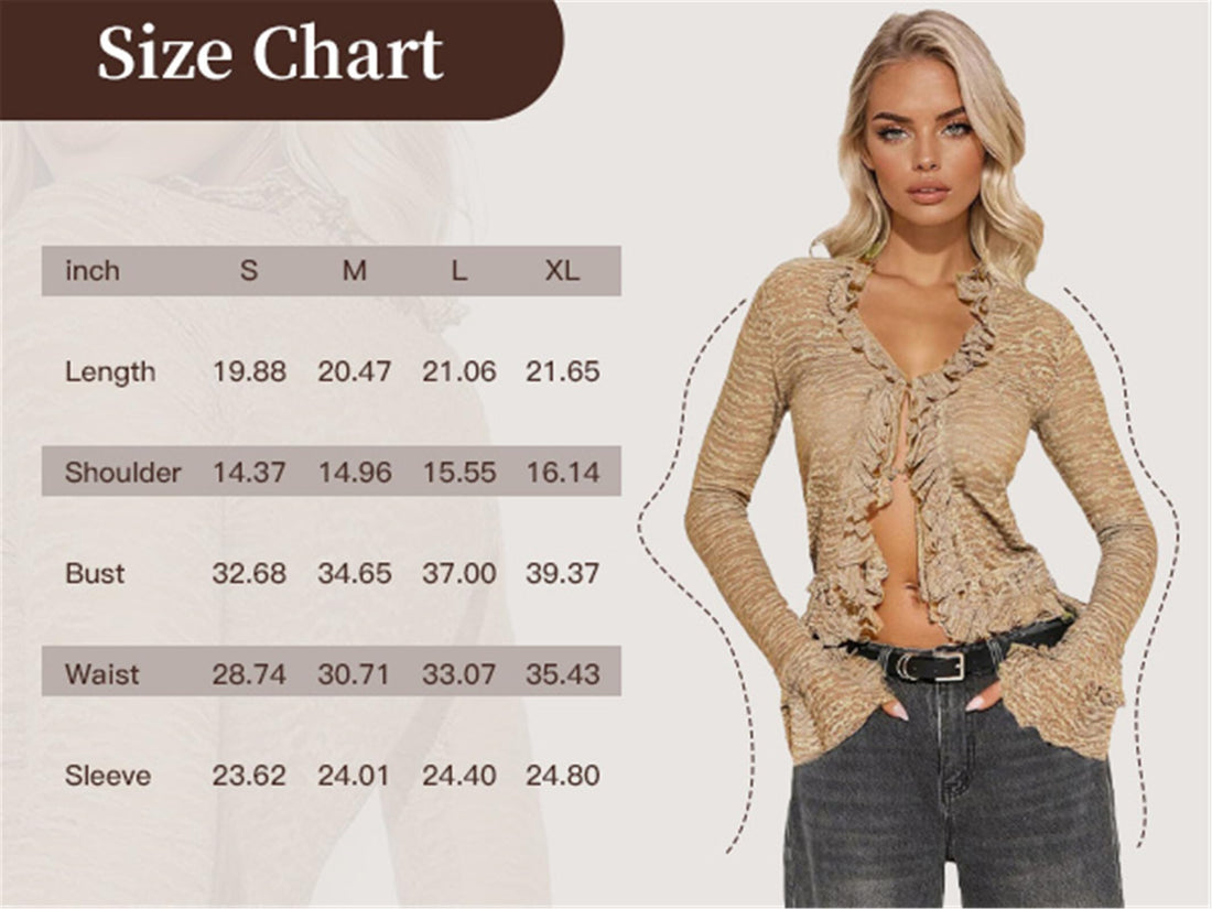 Women's Y2K Tie Front Cardigan Textured Lettuce Trim Long Sleeve Sheer Shrug Top Cover Ups Khaki