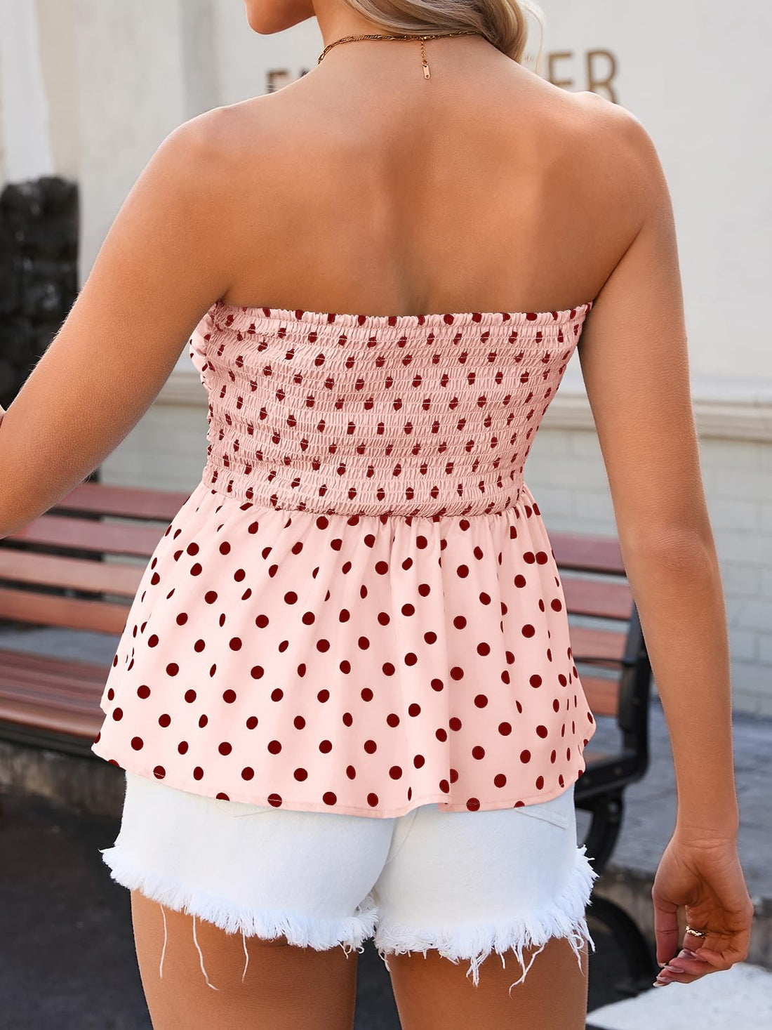 Tankaneo Womens Strapless Polka Dot Tube Tops Cute Backless Peplumn Ruffle Hem Bandeau Top Slim Fit Y2k Tank Tops Pink